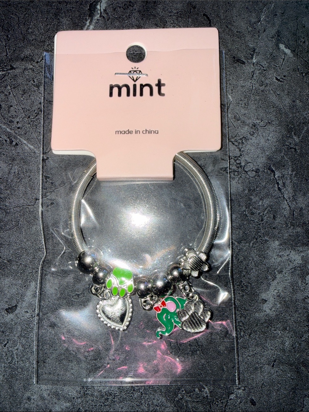 mint Silver-Tone Kids Charm Bracelet with Green Paw & Elephant Charms